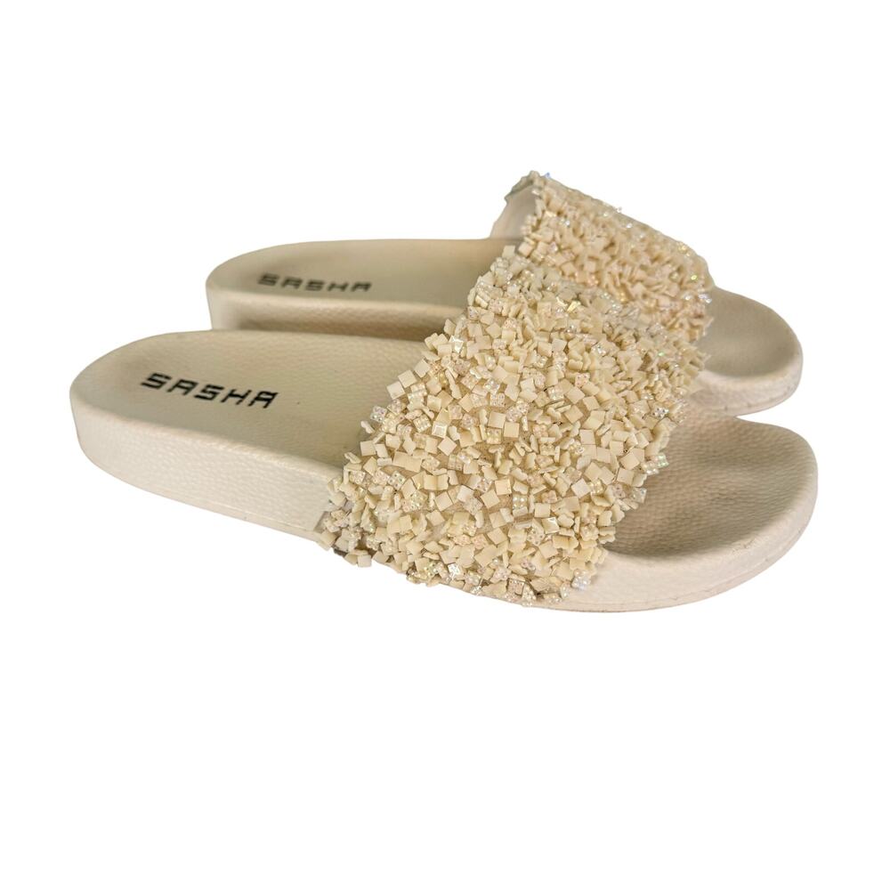 SASHA Slide Sandal Womens 8 Casual Pearl Studded Rhinestones Single Band White